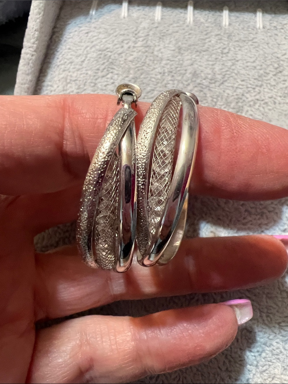 Textured Silver-Tone Double Hoop Earrings — Women's Fashion Hoops